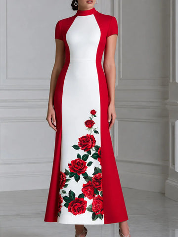 Stand Collar Color Block Red Rose Print Maxi Dress