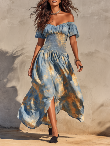 Women's Vacation Off-Shoulder Short-Sleeve Maxi Dress With Watercolor Ombré Print MDZ2374D3Y