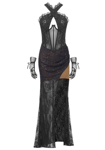 Halter Sequined Lace Corset Maxi Dress Black