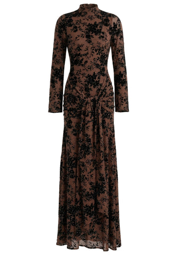 Long Sleeve Embellished Lace Maxi Dress Brown