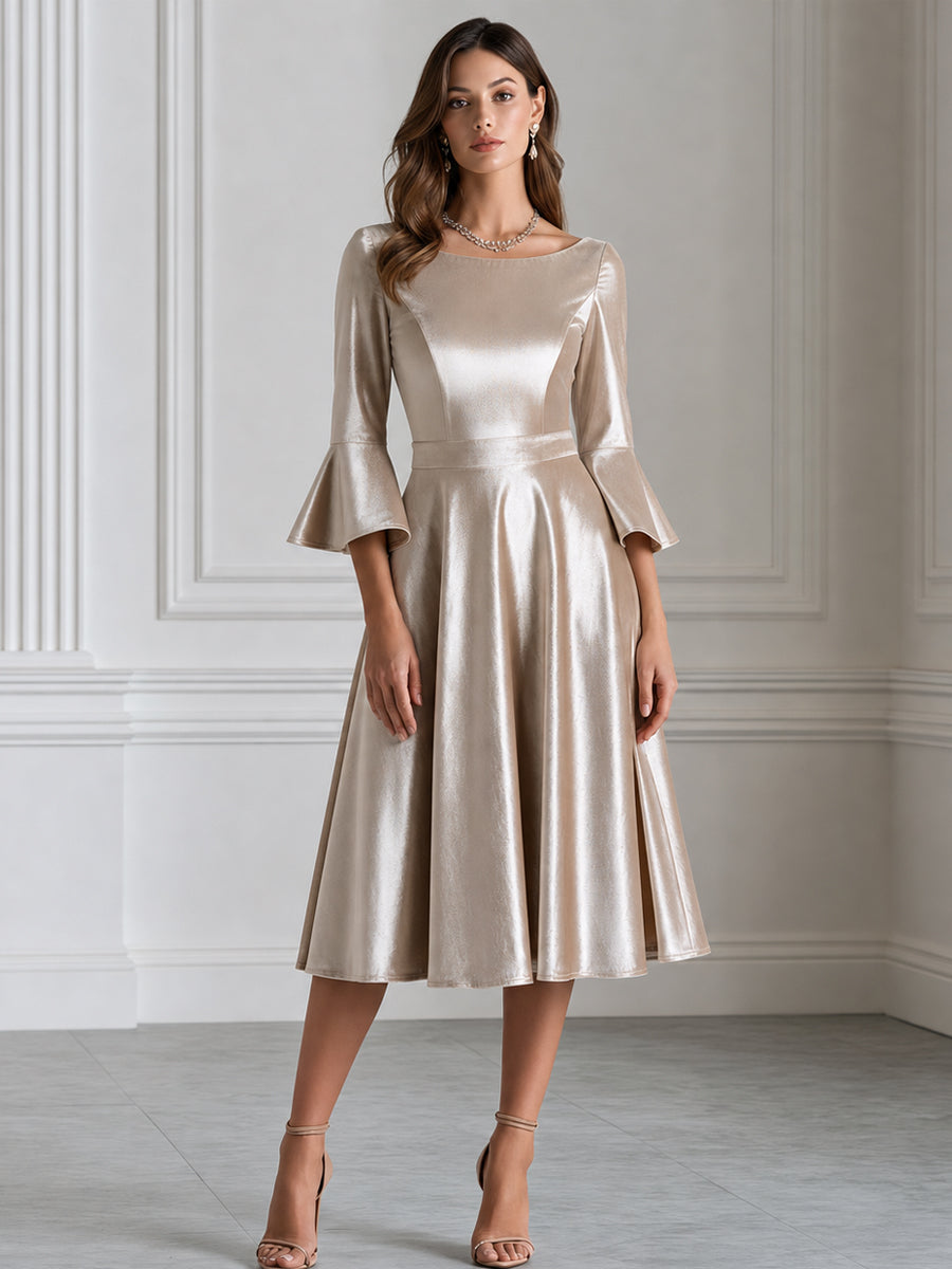 Champagne Velvet Bell-Sleeve A-Line Midi Dress