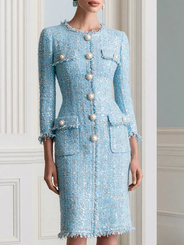 Elegant Sparkle Tweed Pearl Buttons Midi Dress