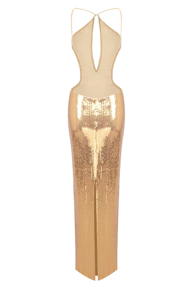 Halter Sequin Backless Maxi Dress Gold