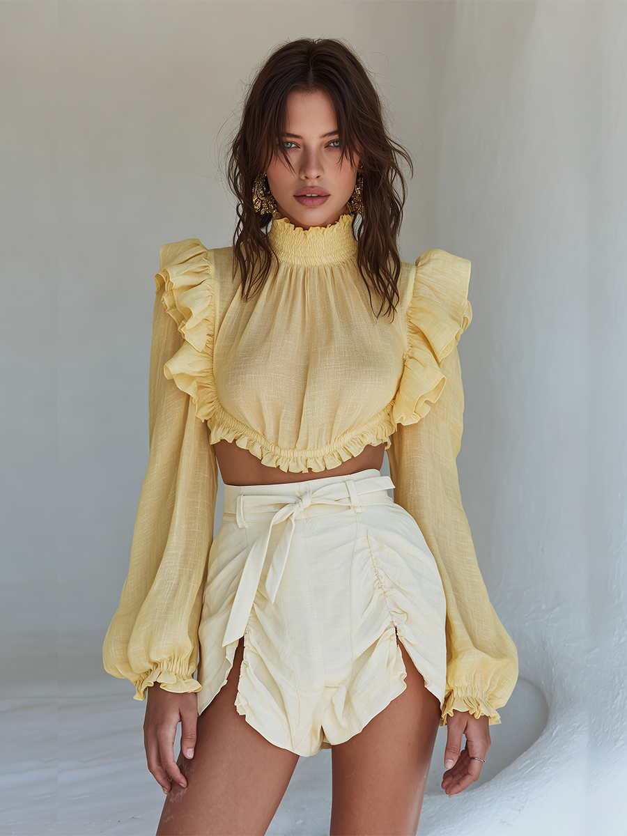 Women's Yellow Linen-Blend Crop Top With Ruffled Sleeves & Smocked Neck, Timeless Romantic Blouse MDZ2580D2LYL