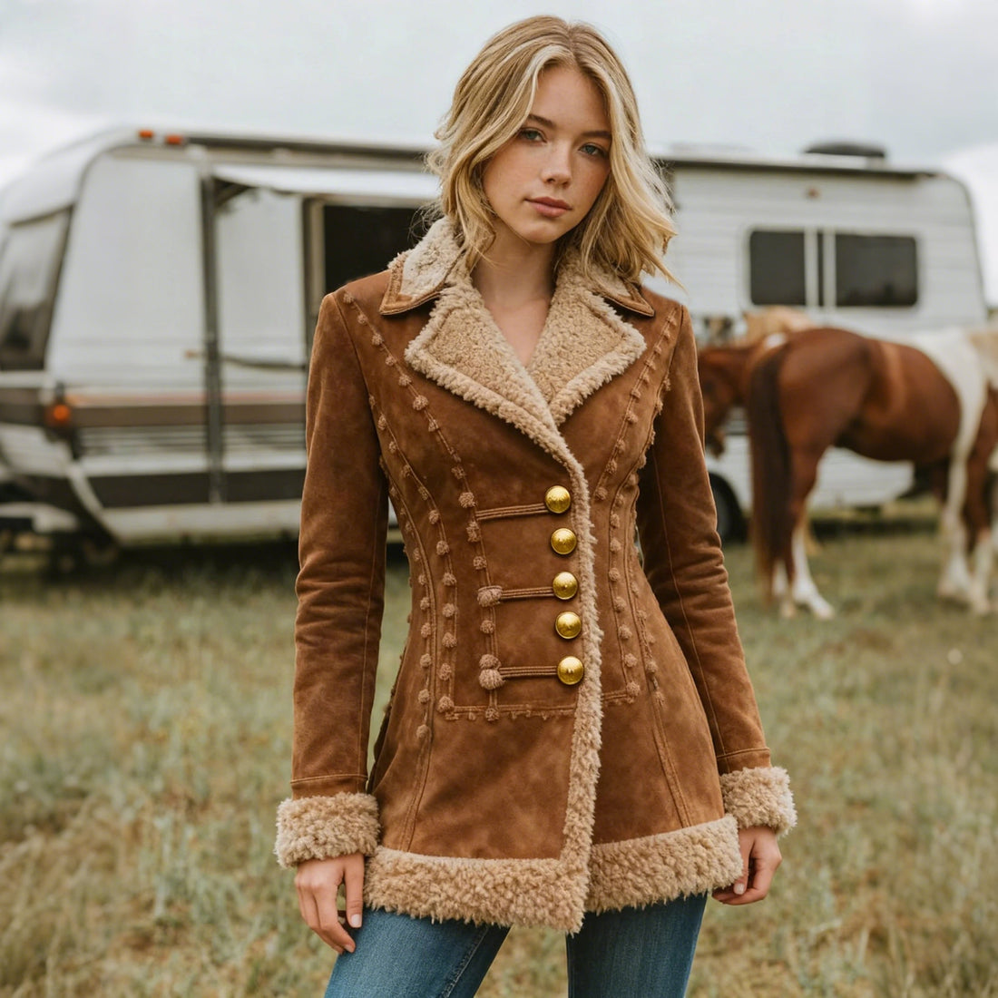 Women's Vintage Button-Down Lambswool Lapel Mid-Length Jacket Top