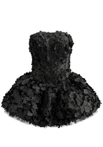 Strapless Floral Petal A Line Corset Dress Black