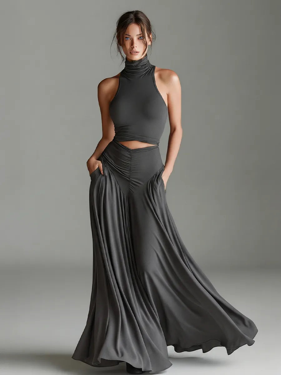 Women's Charcoal Gray Stretch Knit Dress With Turtleneck Halter & Cutout Waist, Timeless Minimalist Elegant Style Dress MDZ0960B2I