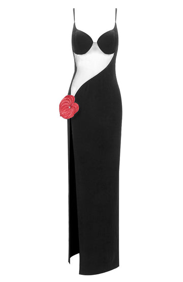 Laceleaf Detail Mesh Insert Maxi Velvet Dress Black