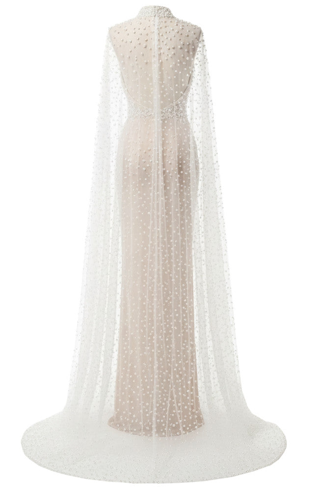 Pearl Cape Sleeves Maxi Dress White