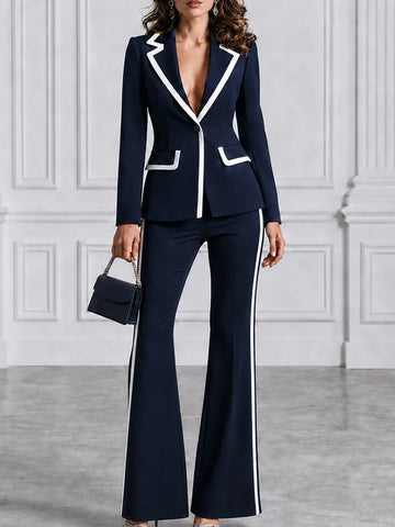 Navy White Contrast Piping Blazer & Flare Pants Set