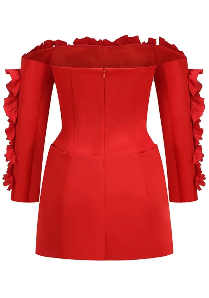 Long Sleeve Bardot Ruffle Dress Red