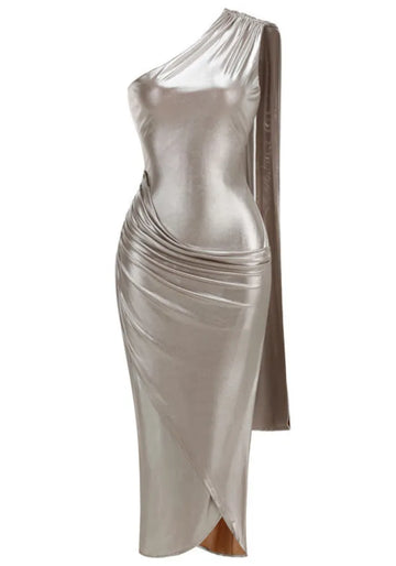 One Shoulder Draped Midi Dress Titanium