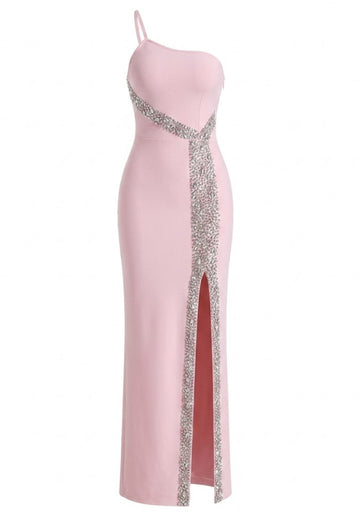 One Shoulder Embellished Maxi Dress Pink