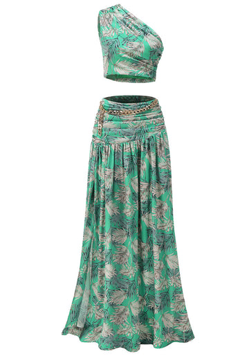 One Shoulder Floral Two Piece Maxi Dress Green