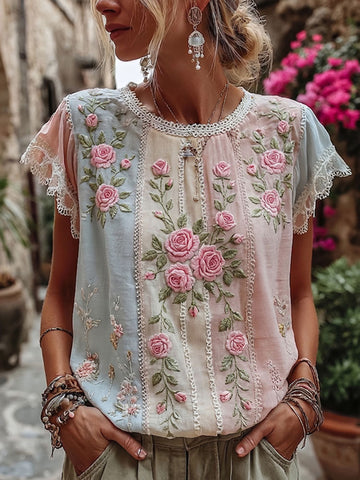 Women's Retro Pink Roses Embroidered Art Patchwork Crew Neck Short Sleeve T-shirt