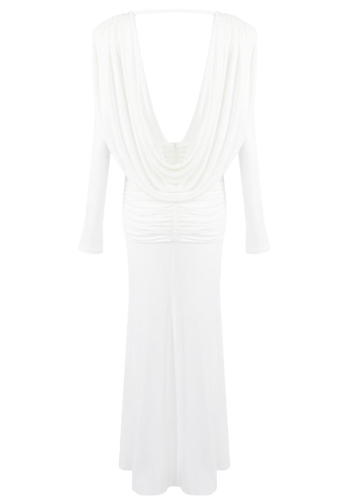 Long Sleeve Draped Backless Maxi Dress White