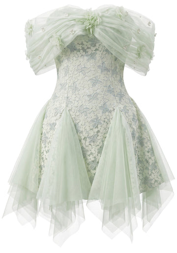 Floral Mesh Bardot Lace Dress Green