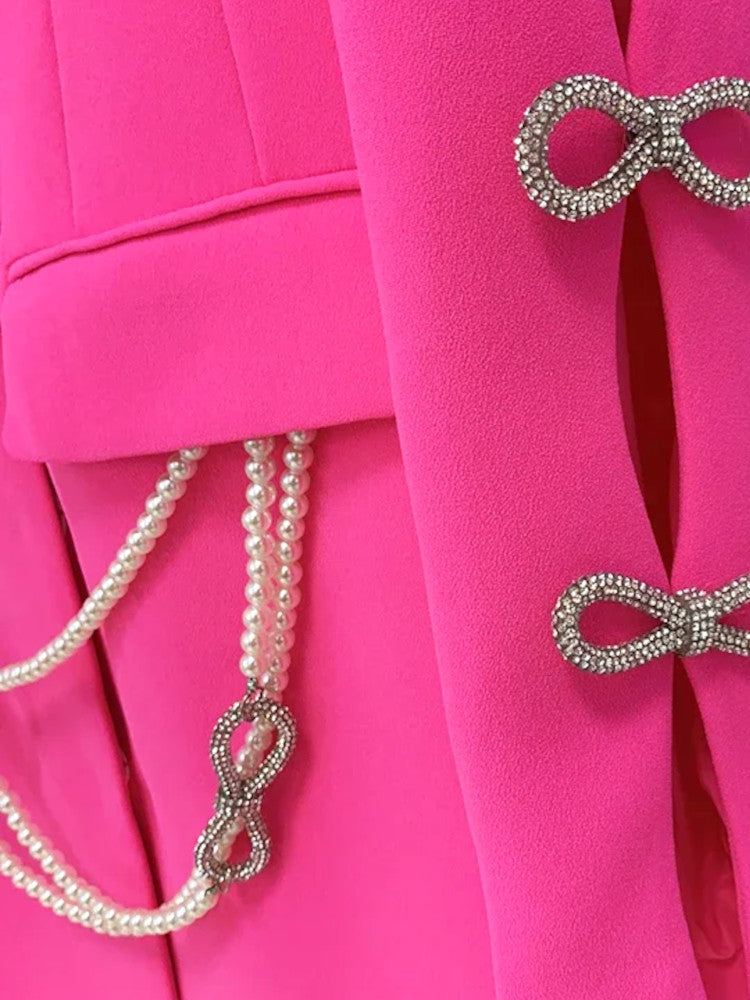 Long Sleeve Pearl Crystal Bow Blazer Dress Hot Pink