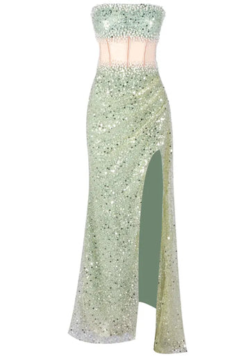 Strapless Pearl Sequin Maxi Dress Green