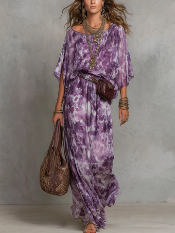 Lavender Print Bohemian Belted Maxi Dress