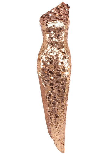 One Shoulder Asymmetric Sequin Maxi Dress Gold