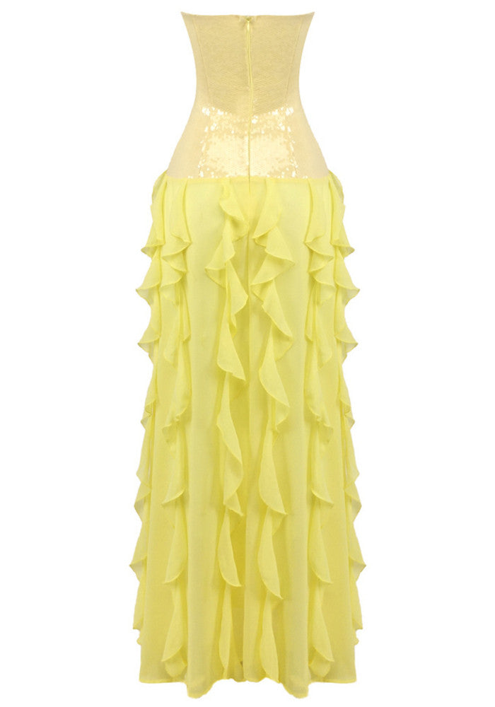 Strapless Sequin Ruffle Maxi Dress Yellow