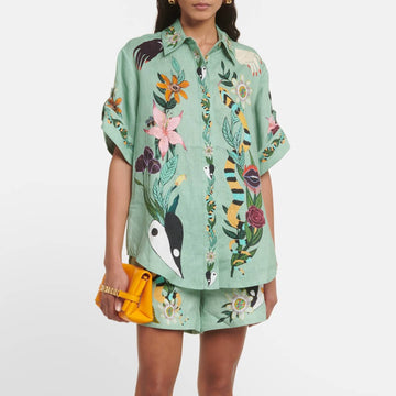 Green Printed Short Slevees Shirt and Shorts Set