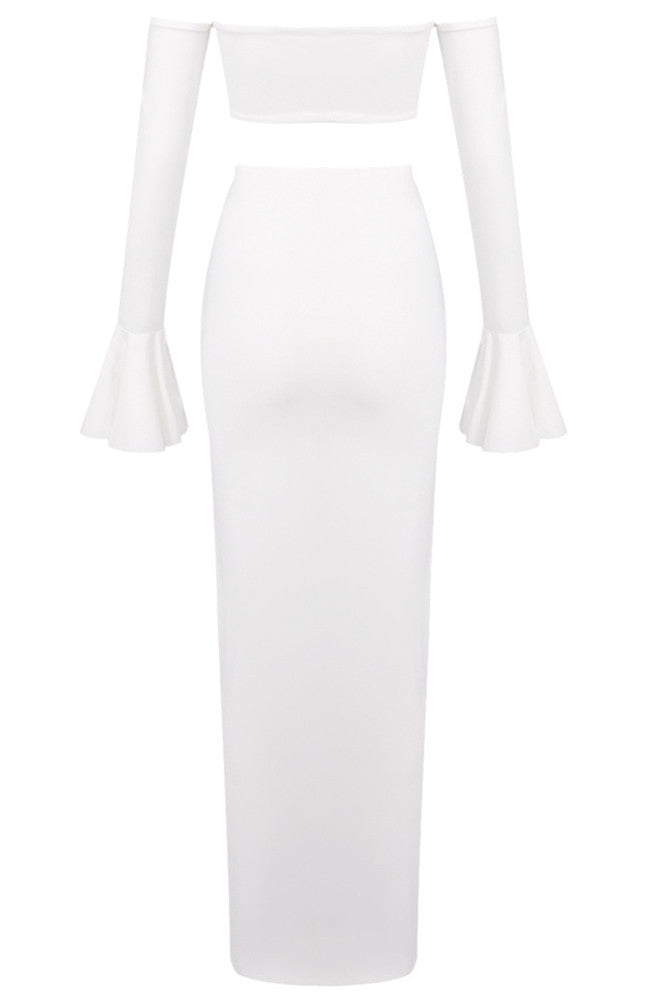 Long Sleeve Bardot Two Piece Maxi Dress White