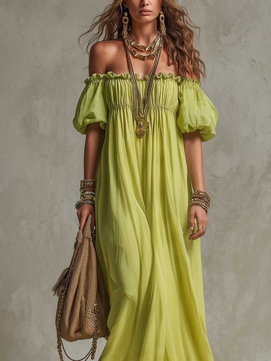 Lime Bohemian Off Shoulder Smocked Maxi Dress