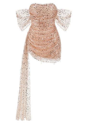 Sequin Draped Bardot Dress Rose Gold