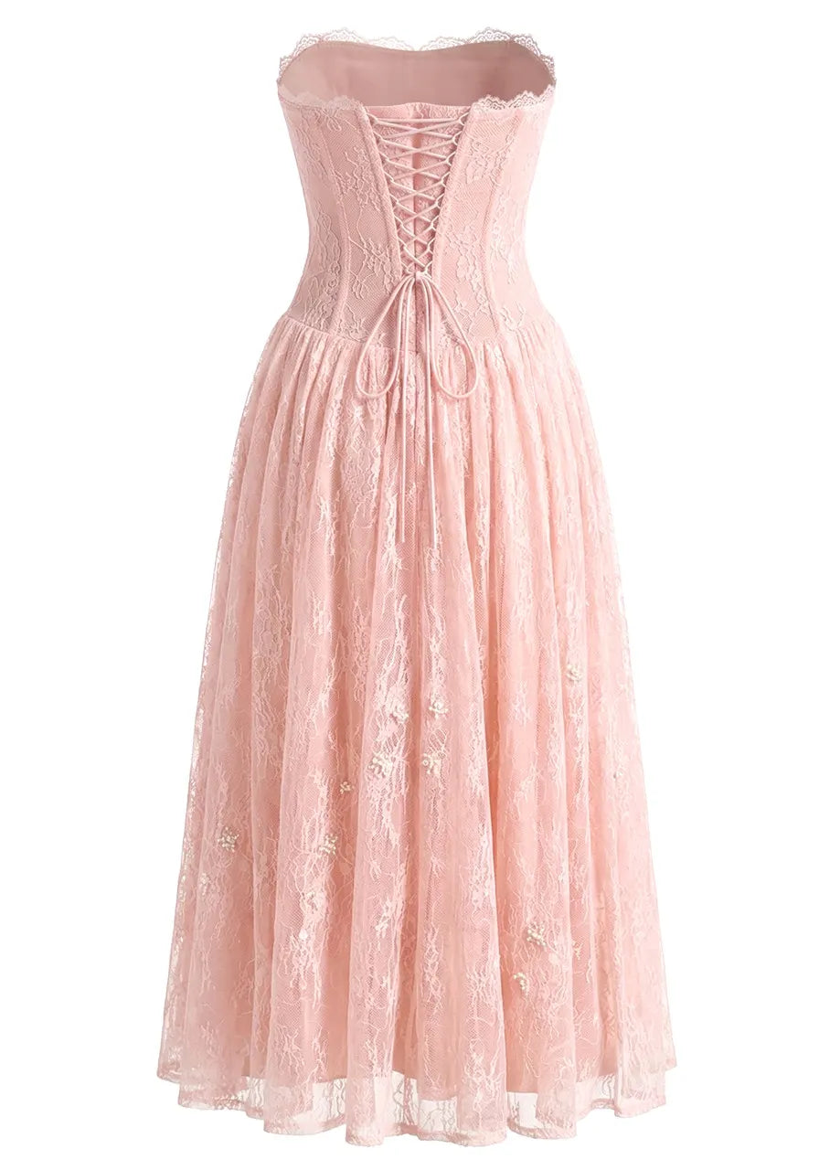 Strapless Butterfly Lace Corset Maxi Dress Pink