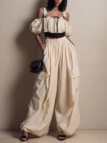 Women's Cream Cotton-Blend Two-Piece Set With Off-Shoulder Crop Top & Cargo Wide-Leg Pants, Timeless Utility-Chic Streetwear Outfit MDZ2528D6LYL