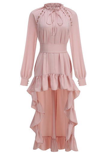 Long Sleeve High Low Ruffle Maxi Dress Pink