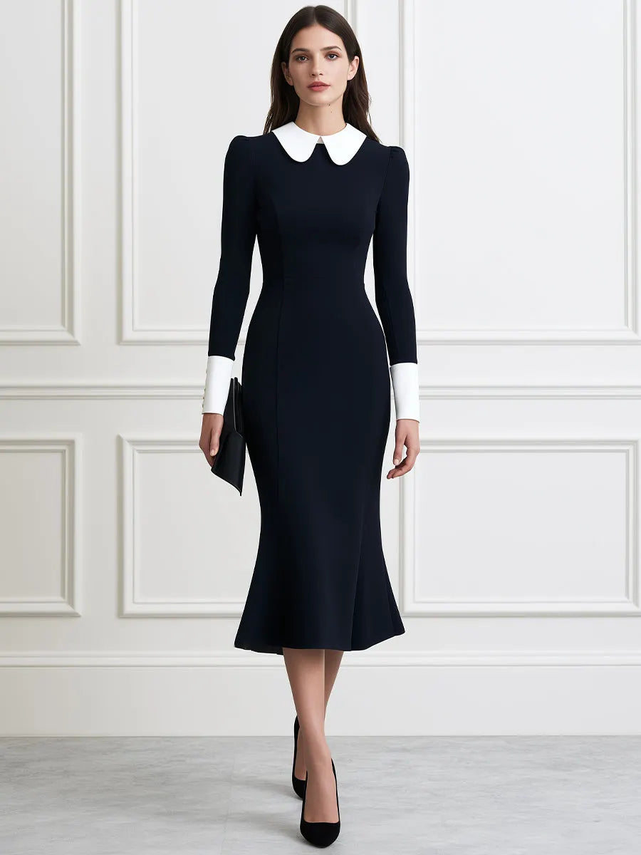 Contrast Peter Pan Collar Long Sleeve Fishtail Midi Dress