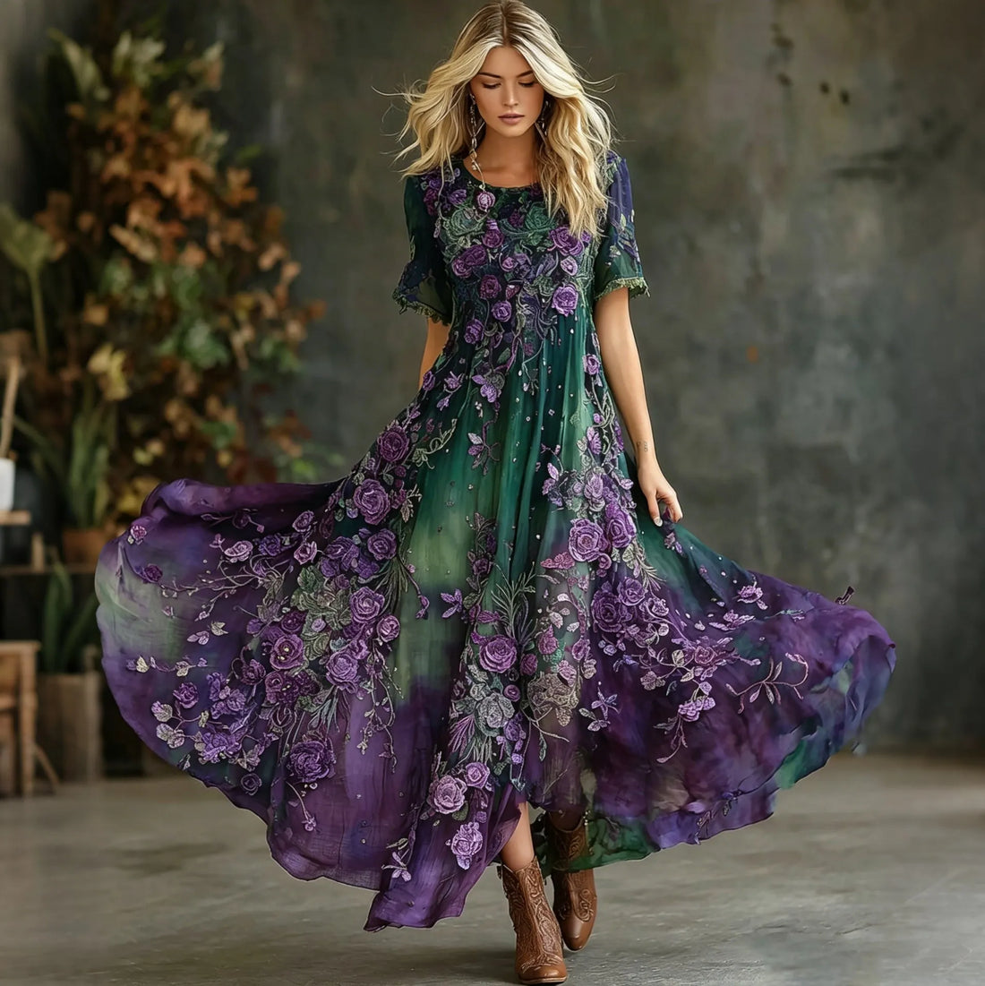 Women's Vintage Floral Gradient Art Flowy Casual Maxi Dress