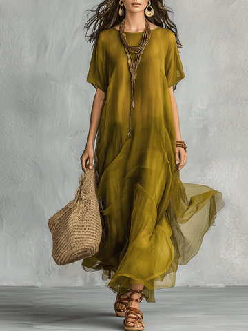 Lowing Olive Green Bohemian Maxi Dress With Draped Silhouette