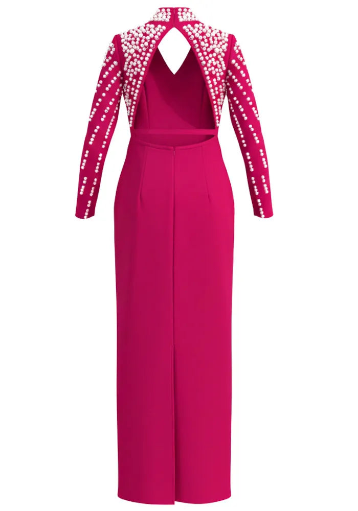 Long Sleeve Pearl Backless Maxi Dress Hot Pink