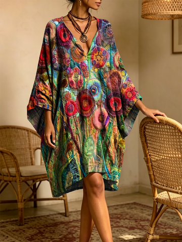 Women's Retro Colorful Floral Art Print Casual Three-quarter Sleeve V-neck Cotton Linen Short Dress
