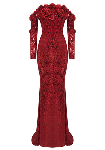 Long Sleeve Floral Bardot Sequin Maxi Dress Red
