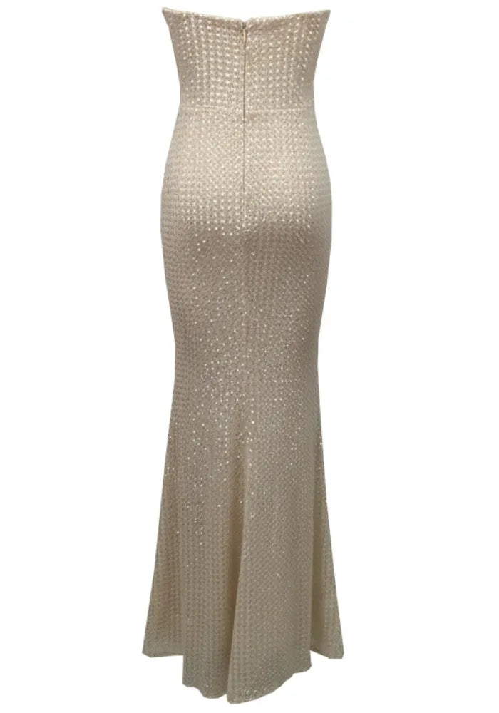 Strapless Pearl Detail Sequin Maxi Dress Gold