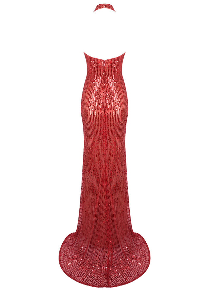 Halter Floral Detail Sequin Maxi Dress Red