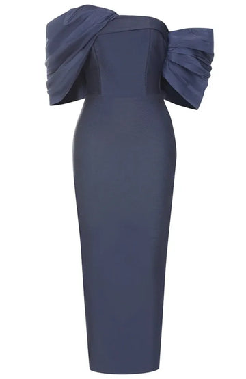 Draped Bardot Midi Dress Navy Blue
