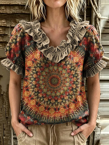 Women's Mandala Kaleidoscope Print Ruffle V-Neck Puff Sleeve Blouse