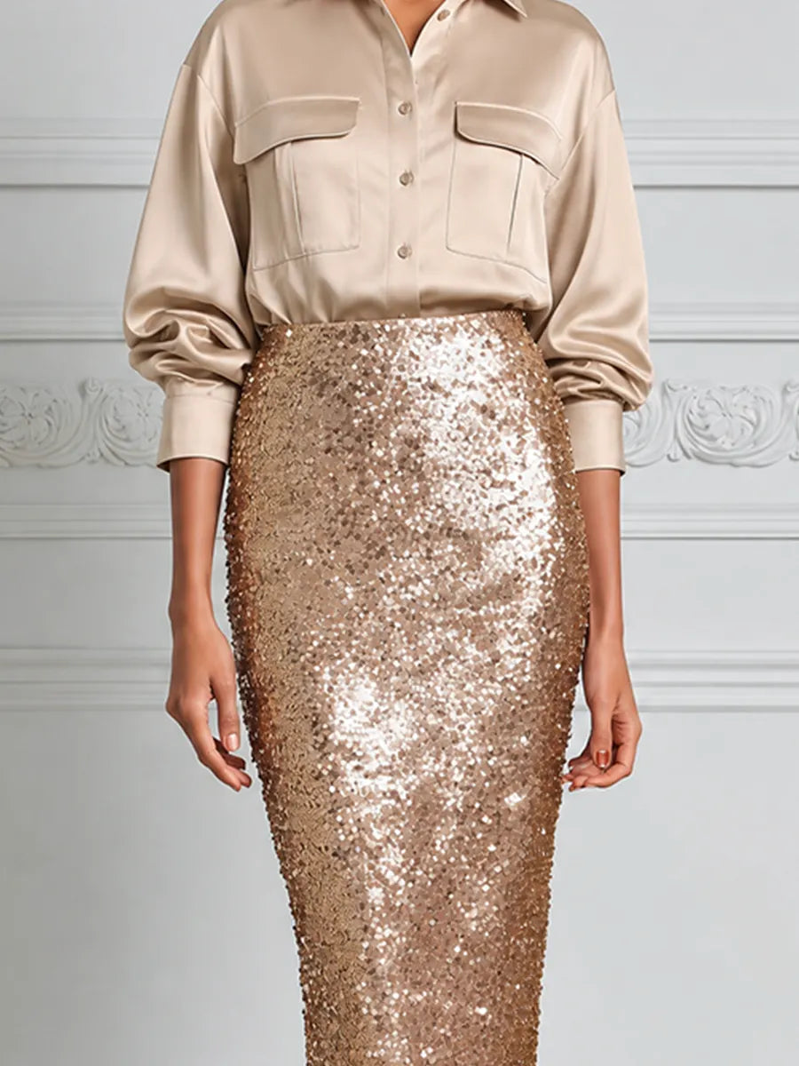 Champagne Satin Shirt Blouse & Sequin Pencil Skirt Set