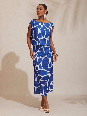 Geometric Color Block Print Silky Satin Maxi Dress