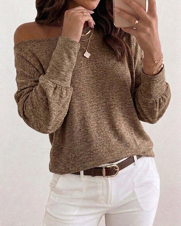 Women's Convertible Shoulder Batwing Sleeve Top Long Sleeve Loose Fit Casual Knit Tee
