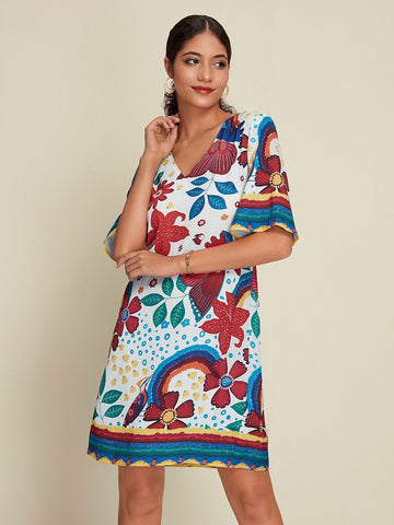 Satin Floral Print Half Sleeve V Neck Mini Dress