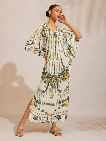 Vintage Jewelry Flowy Chiffon Dolman Sleeve Maxi Dress