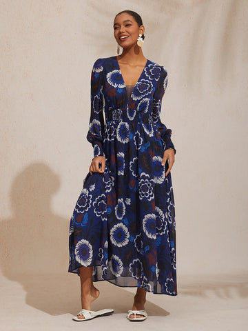Chiffon Floral Composite Print Elegant Maxi Dress Banquet Vacation