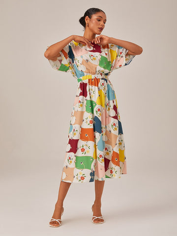 Geo Floral Pleated Shoulder Maxi Dress